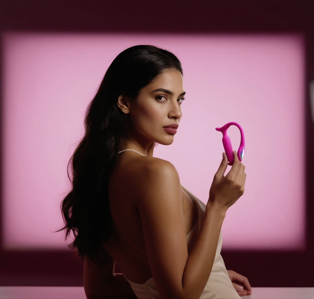 Kvinde med pink vibrator i en guide til hvordan du vælger den rigtige vibrator hos Eterna Nordisk