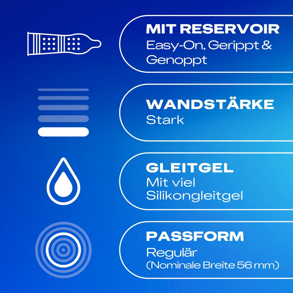 Durex Pleasure Me kondomer med 56 mm nominalbredde og Easy-On pasform