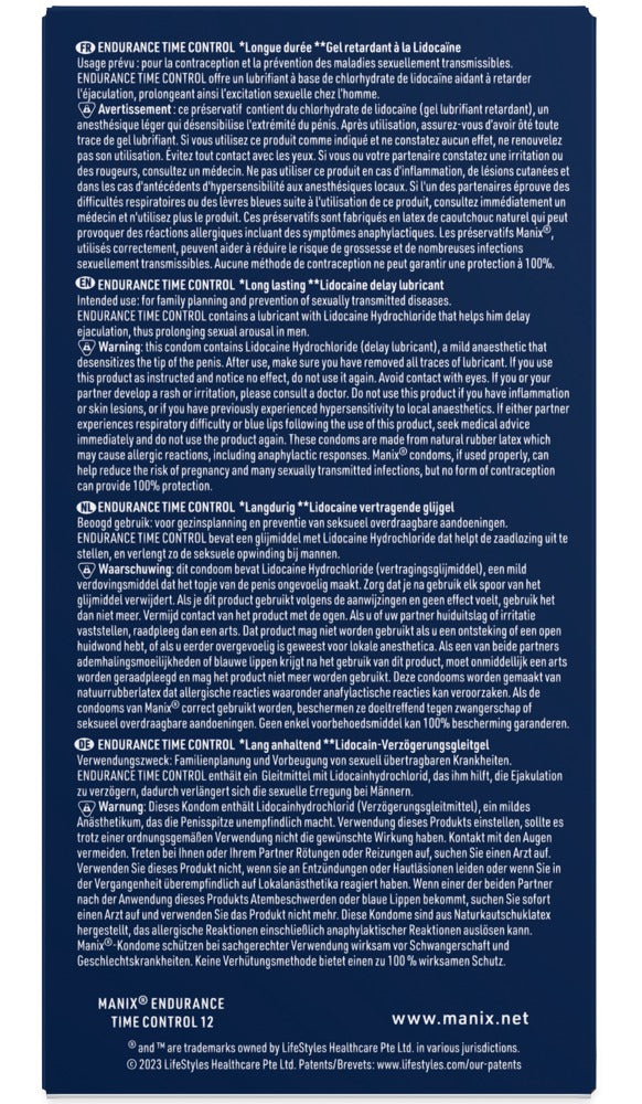 MANIX Endurance Time Control – Delay Latexkondomer (12 stk.)