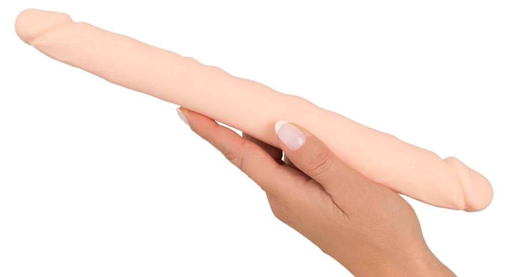 Realistisk dobbeltdildo i hudtone med to forskellige ender