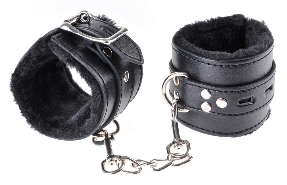 Justerbare bondagehåndjern i sort med metalbeslag