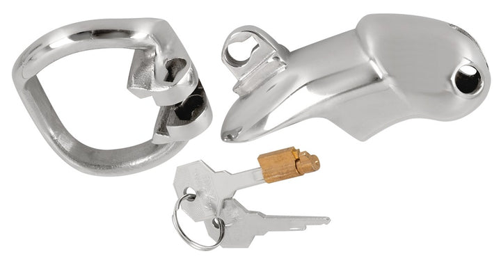 Fetish Collection Chastity Cage Short – cock cage i poleret metal med integreret lås