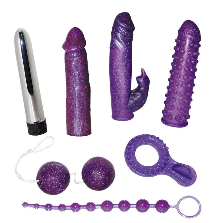 7‑Piece Glittering Purple Sex Toy Set – Vibrator with Attachments, Anal Beads, Love Balls, Cock Ring & Dildo
