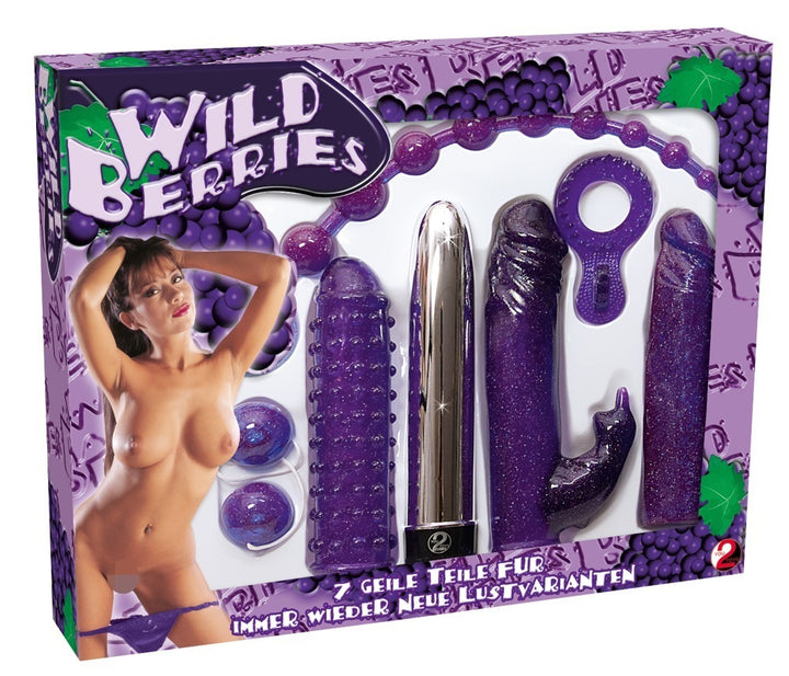 7‑Piece Glittering Purple Sex Toy Set – Vibrator with Attachments, Anal Beads, Love Balls, Cock Ring & Dildo
