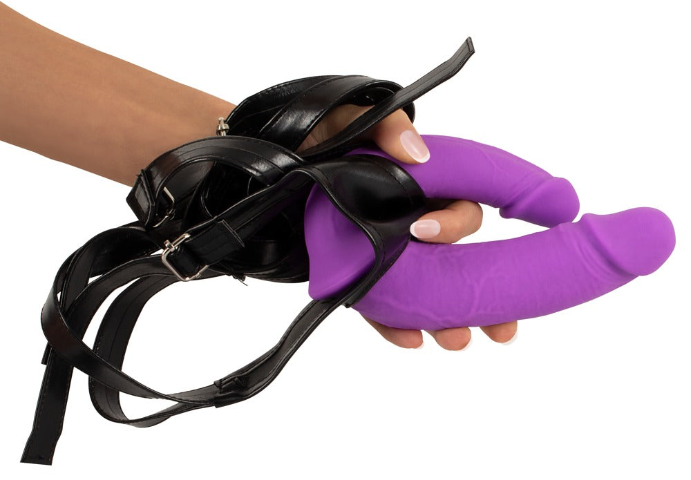 Sweet Smile Super Soft Double Strap-On med lilla Liquid Silicone dobbeltdildo og sort sele