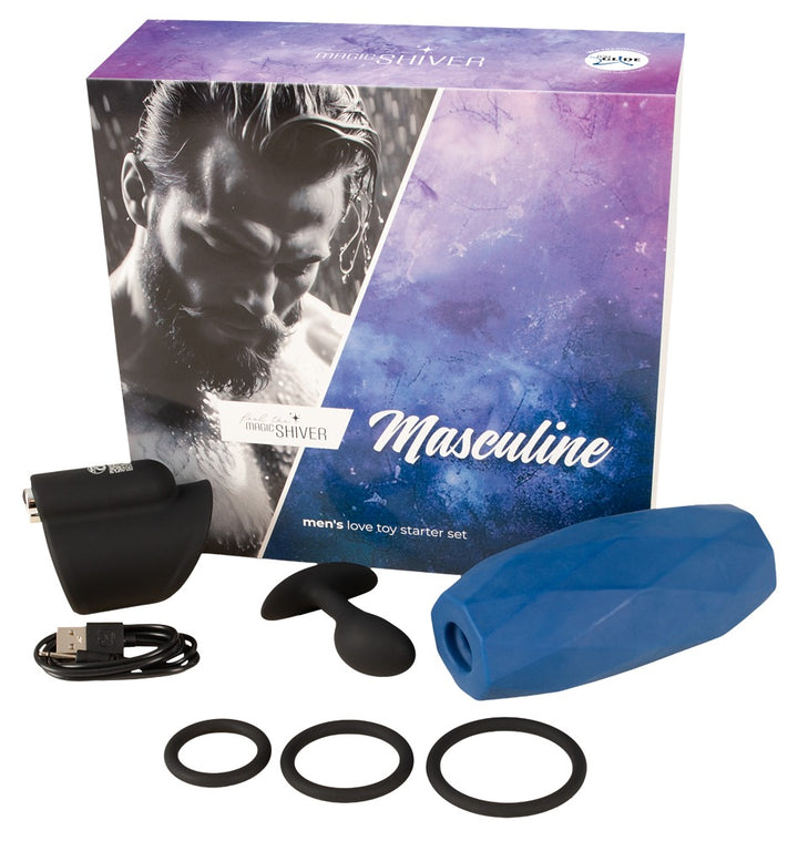 Magic Shiver Men Love Toy Starter Set Masculine – 4‑Piece Beginner’s Kit with Masturbators, Butt Plug & Cock Rings
