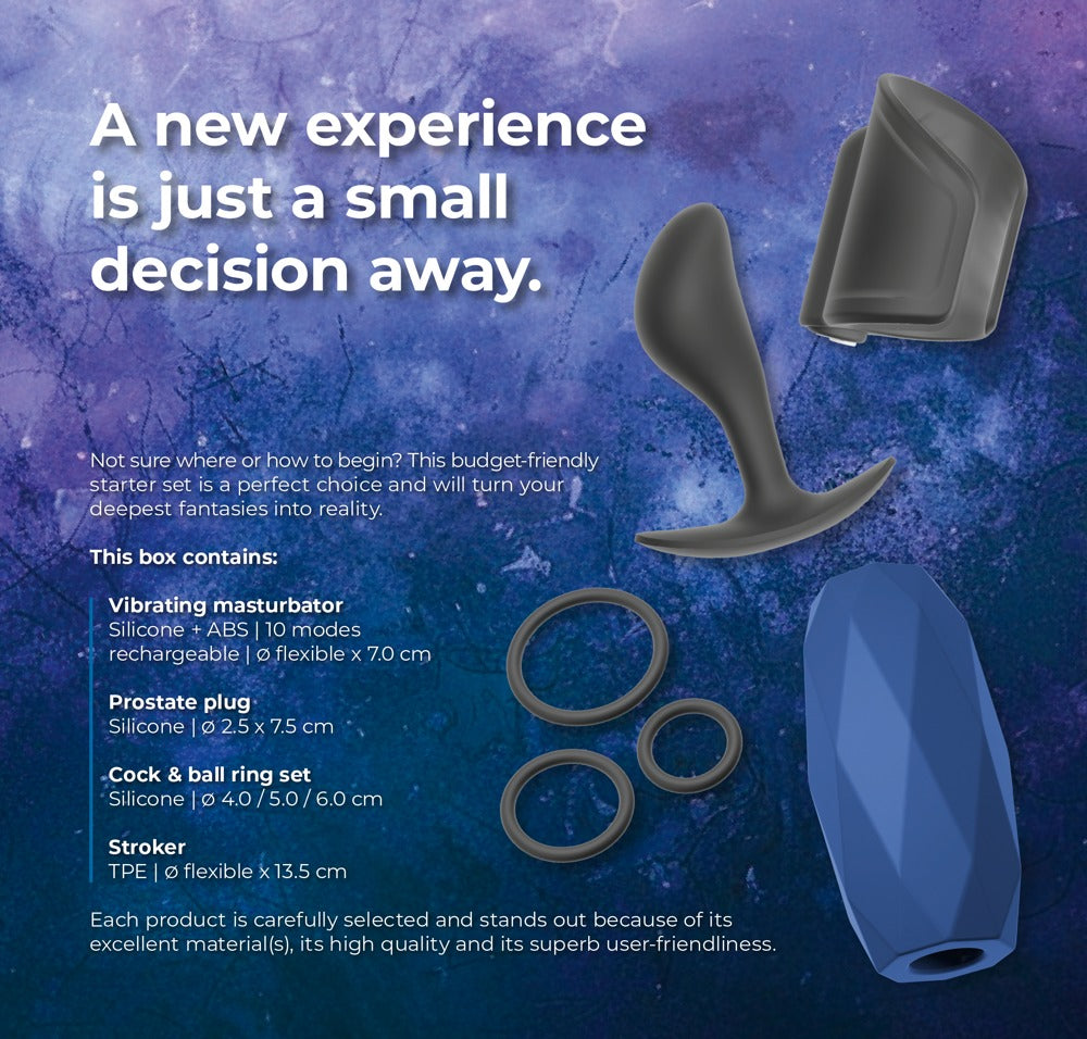 Magic Shiver Men Love Toy Starter Set Masculine – 4‑Piece Beginner’s Kit with Masturbators, Butt Plug & Cock Rings