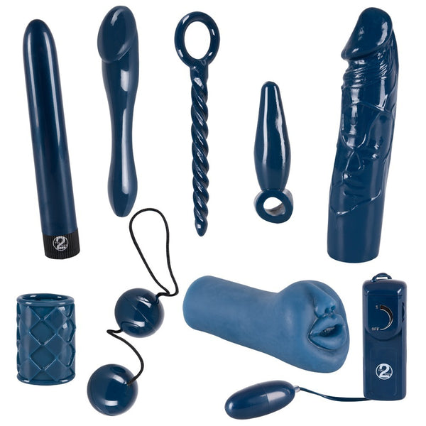 Blue Sex Toy Set med 9 dele i blå til solo og par