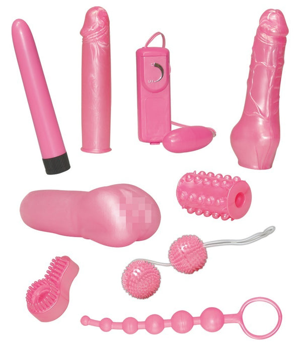 9-delt sexlegetøjssæt i candy pink med vibrator, dildo og anal beads