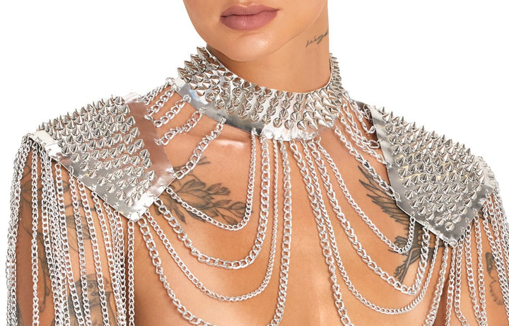 Bad Kitty Spiked Body Collar – sølvfarvet body jewellery med kæder og spikes