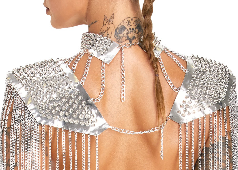 Bad Kitty Spiked Body Collar – sølvfarvet body jewellery med kæder og spikes