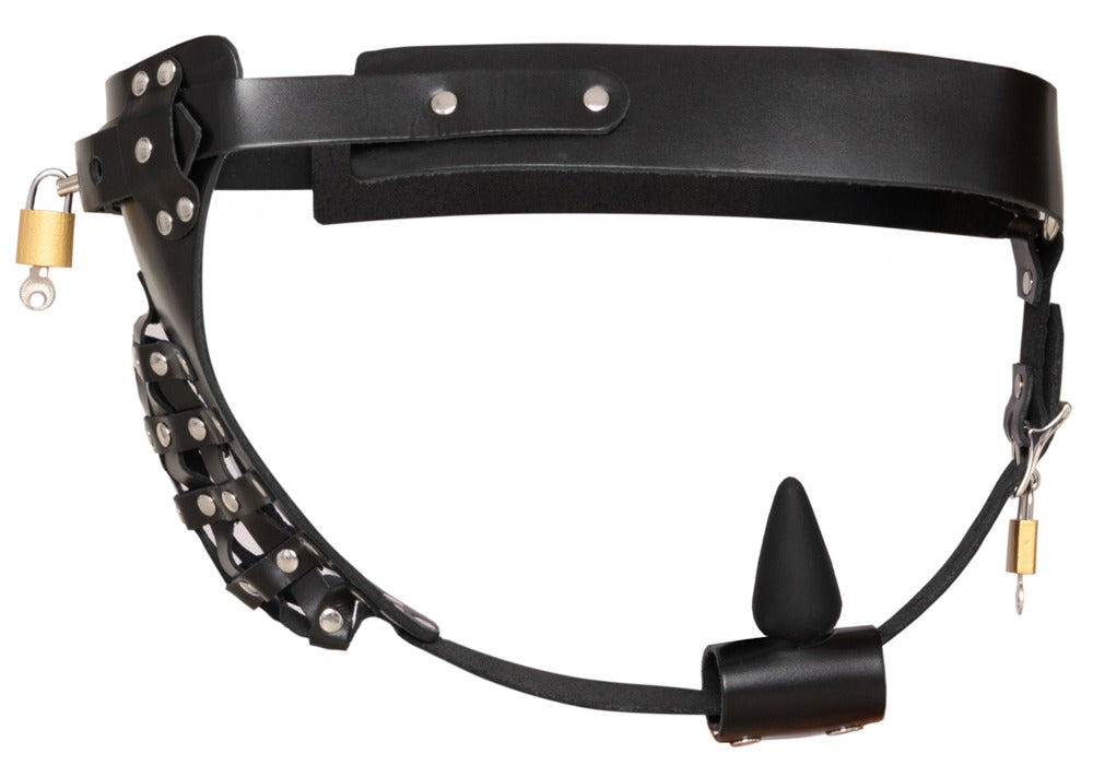 ZADO Leather Chastity Thong – låsbar læderstring med plug-holder og metalspænder