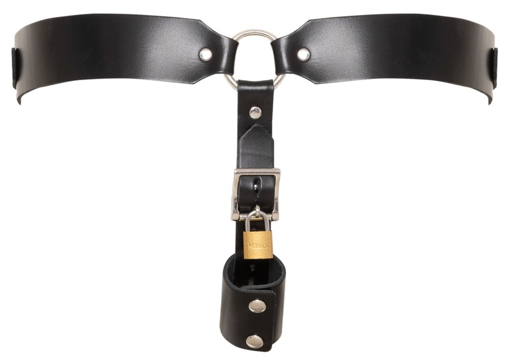ZADO Leather Chastity Thong – låsbar læderstring med plug-holder og metalspænder