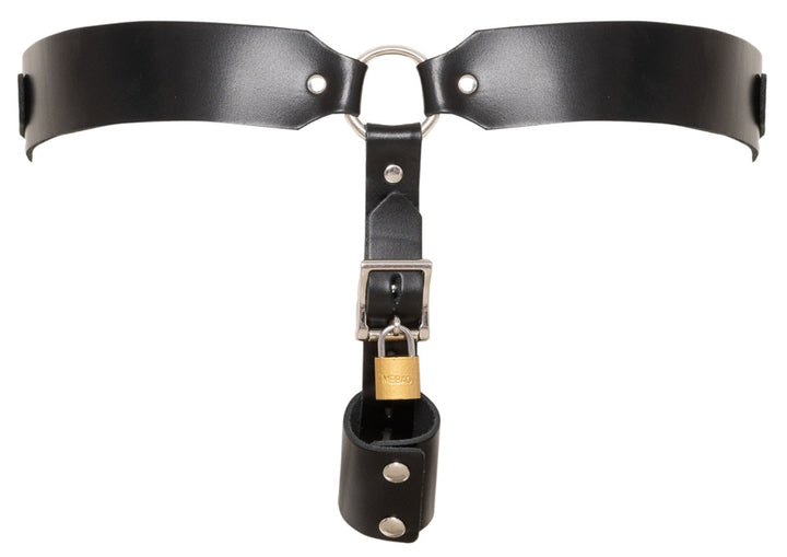 ZADO Leather Chastity Thong – låsbar læderstring med plug-holder og metalspænder