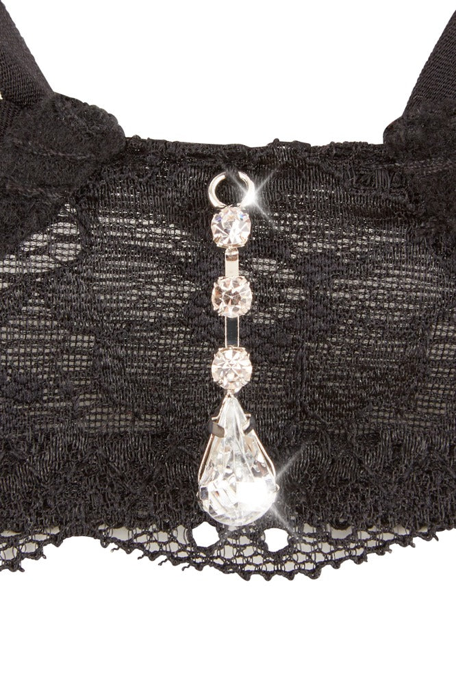 Abierta Fina Sort 3-delt Strapsæt med Rhinestone-ringe &amp; Crotchless String