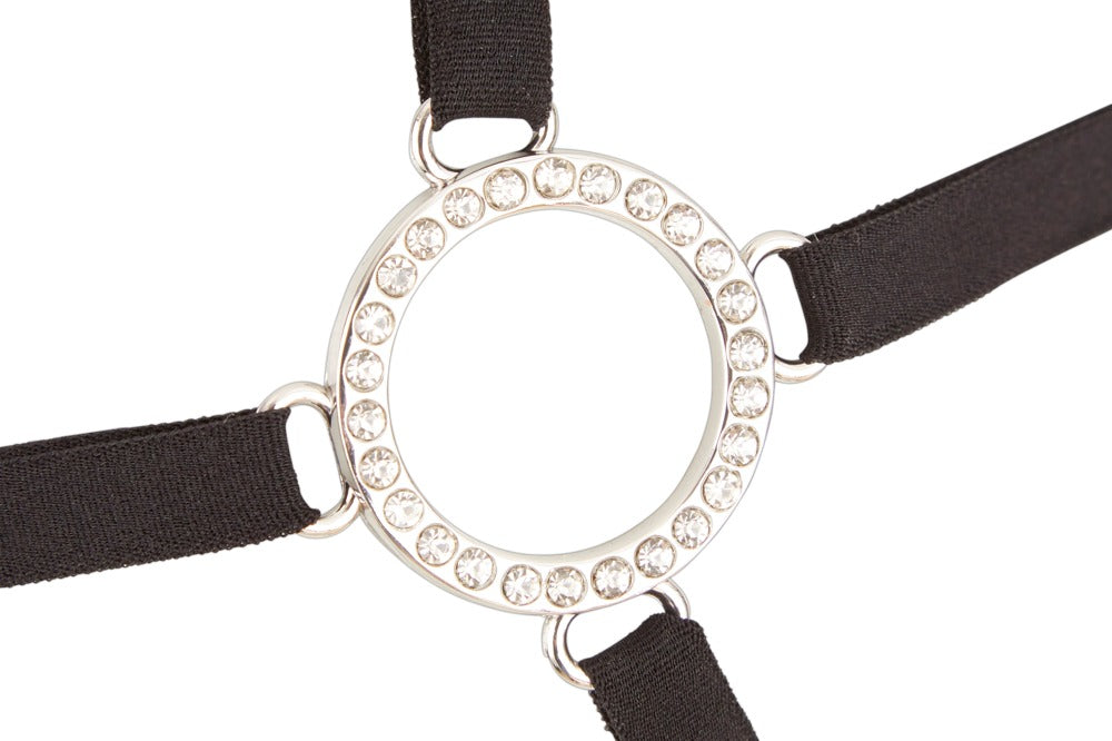 Abierta Fina Sort 3-delt Strapsæt med Rhinestone-ringe &amp; Crotchless String