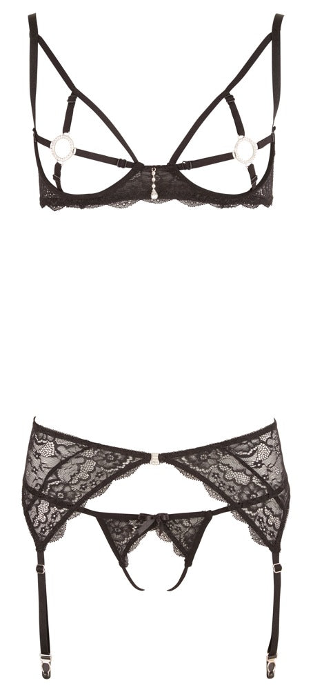 Abierta Fina Sort 3-delt Strapsæt med Rhinestone-ringe &amp; Crotchless String