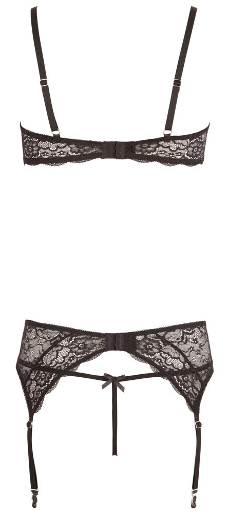 Abierta Fina Sort 3-delt Strapsæt med Rhinestone-ringe &amp; Crotchless String