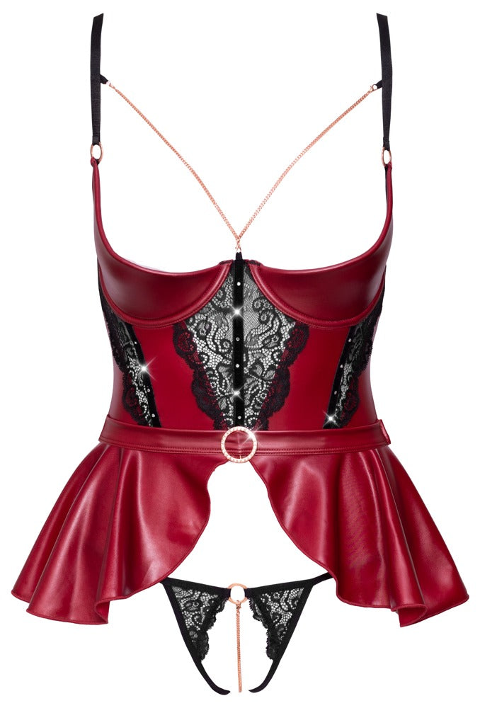 Abierta Fina Rødt Shelf Bra-sæt med Rhinestone-spænde &amp; Crotchless String