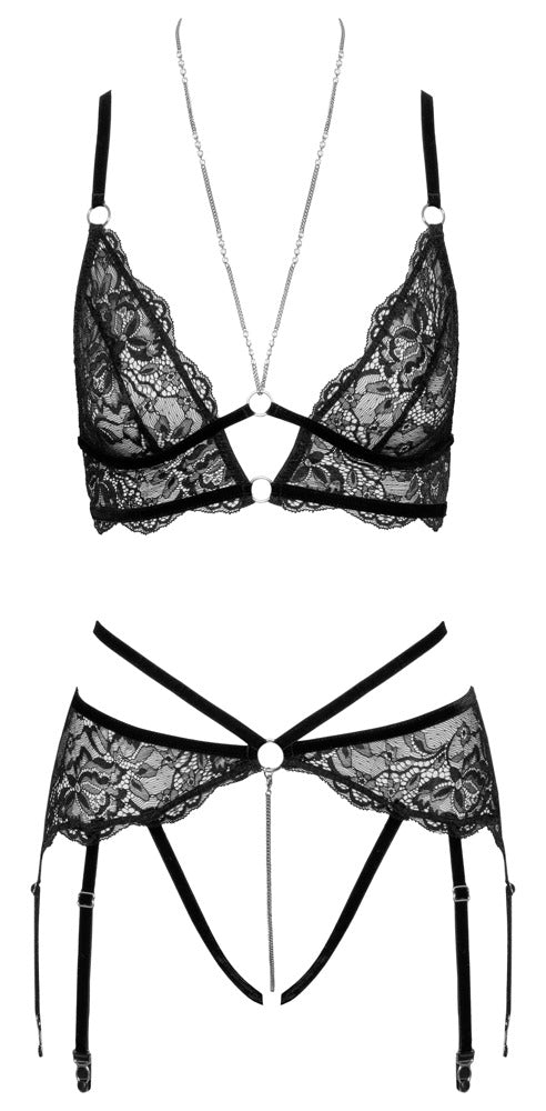 Abierta Fina Sort Bralette-sæt med Crotchless Strapsstring &amp; Kæder