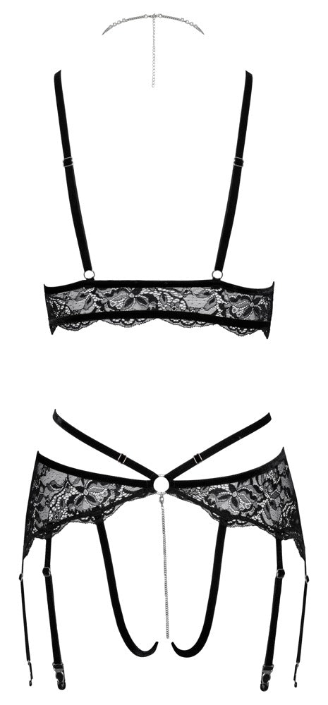 Abierta Fina Sort Bralette-sæt med Crotchless Strapsstring &amp; Kæder