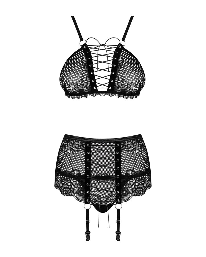 Basitta – Sort Mesh Lingerisæt med BH, Hofteholder & Tanga