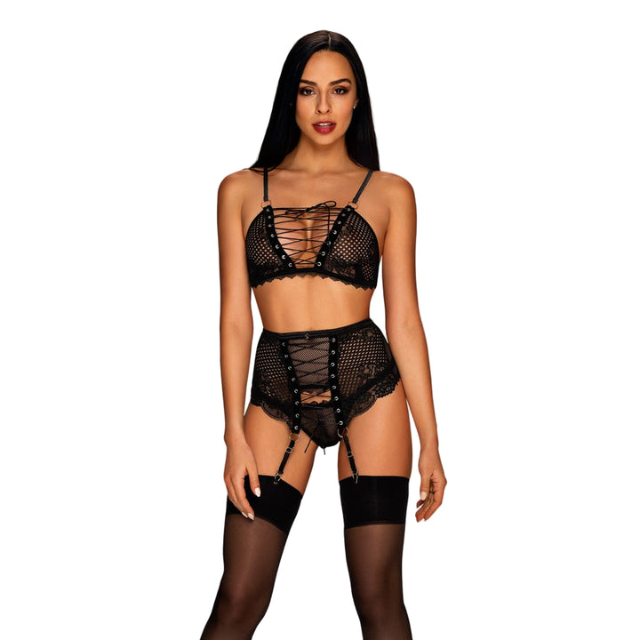 Basitta – Sort Mesh Lingerisæt med BH, Hofteholder & Tanga