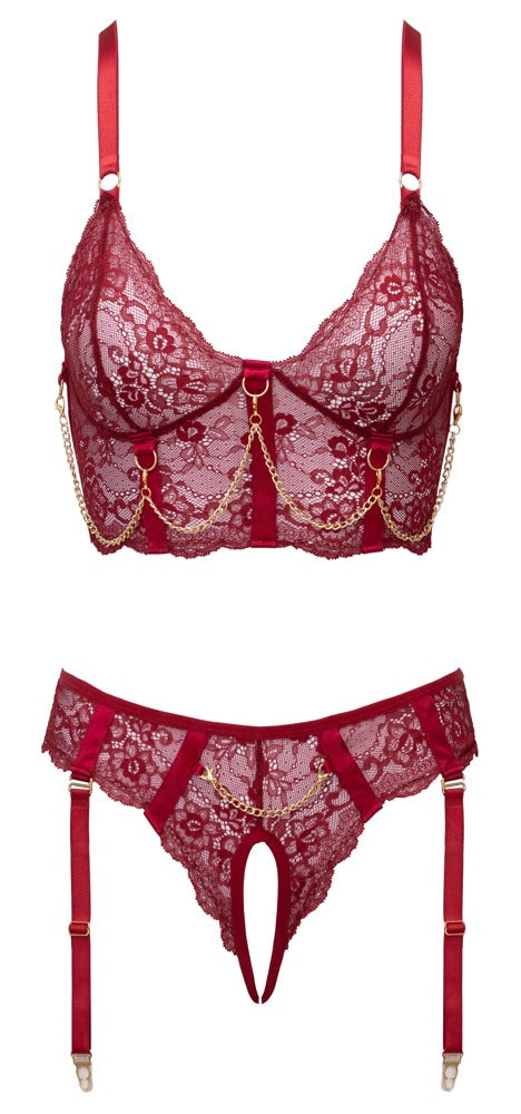 Cottelli LINGERIE 2-delt lingerisæt med longline-bh og ouvert hofteholder-string