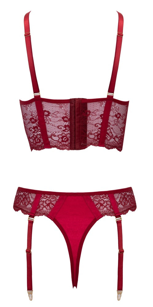 Cottelli LINGERIE 2-delt lingerisæt med longline-bh og ouvert hofteholder-string