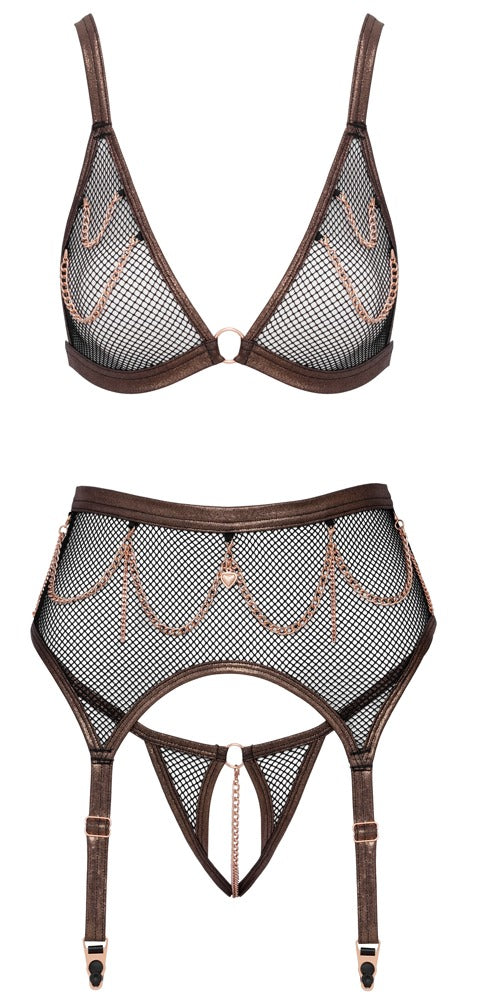 Abierta Fina 3-delt Sort Netsæt med BH, Hofteholder &amp; Crotchless String