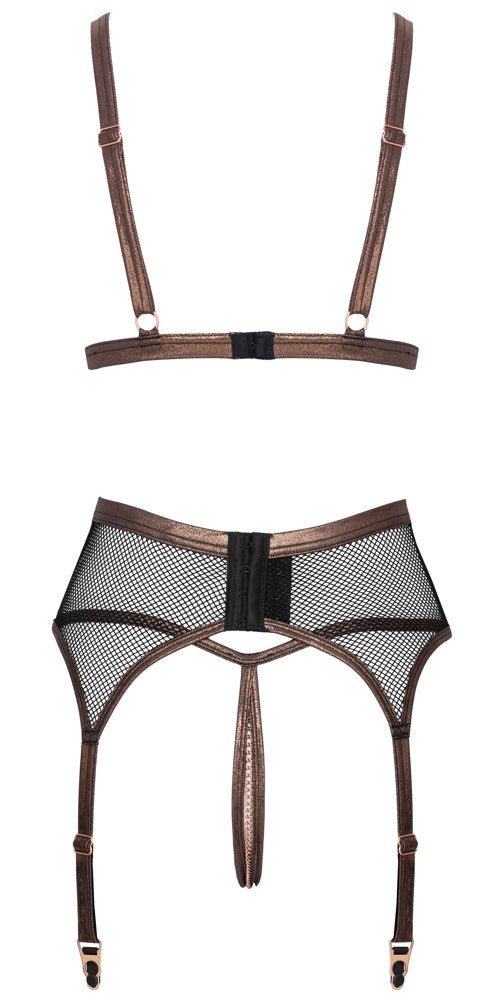 Abierta Fina 3-delt Sort Netsæt med BH, Hofteholder &amp; Crotchless String