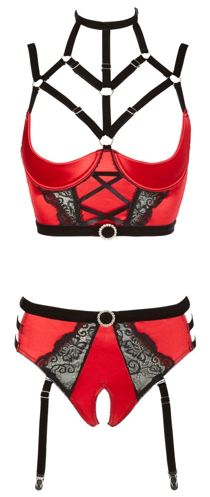 Abierta Fina Rødt Bustier-sæt med Crotchless Briefs
