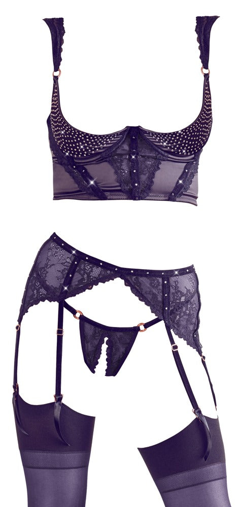 Abierta Fina 3-delt Shelf Bra-sæt med Hofteholder &amp; Crotchless String