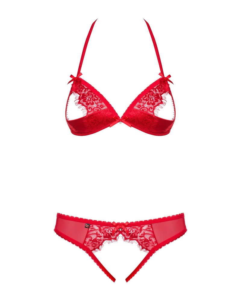 Rød Åben Blonde-BH & Crotchless String Sæt