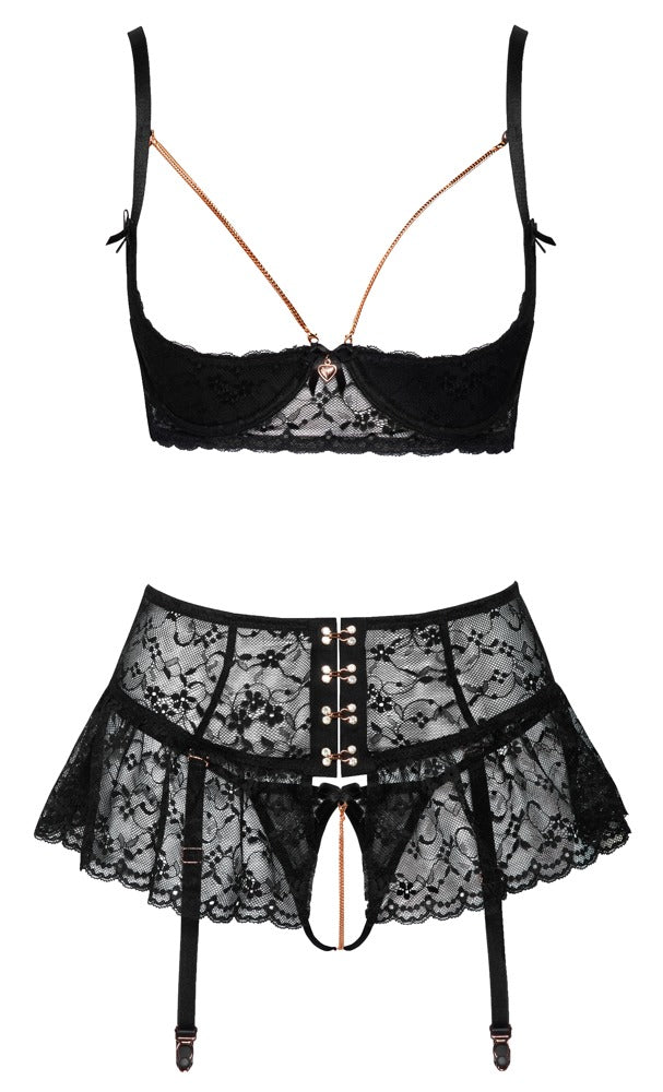 Abierta Fina – 3-Piece Crotchless Suspender Set med Rosaguld Kæder