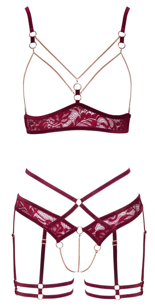 Abierta Fina Mørkerødt Sæt med Open Cup BH &amp; Crotchless Suspender Briefs