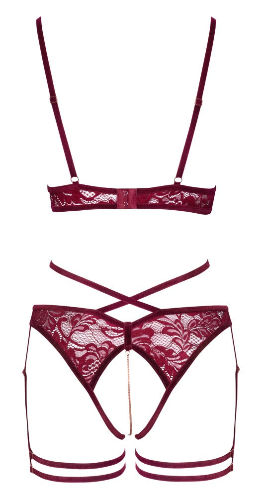 Abierta Fina Mørkerødt Sæt med Open Cup BH &amp; Crotchless Suspender Briefs