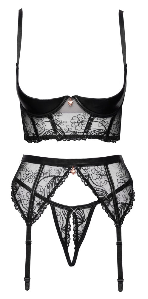 Cottelli LINGERIE crotchless tylstring med åbent design og matchende wetlook-sæt