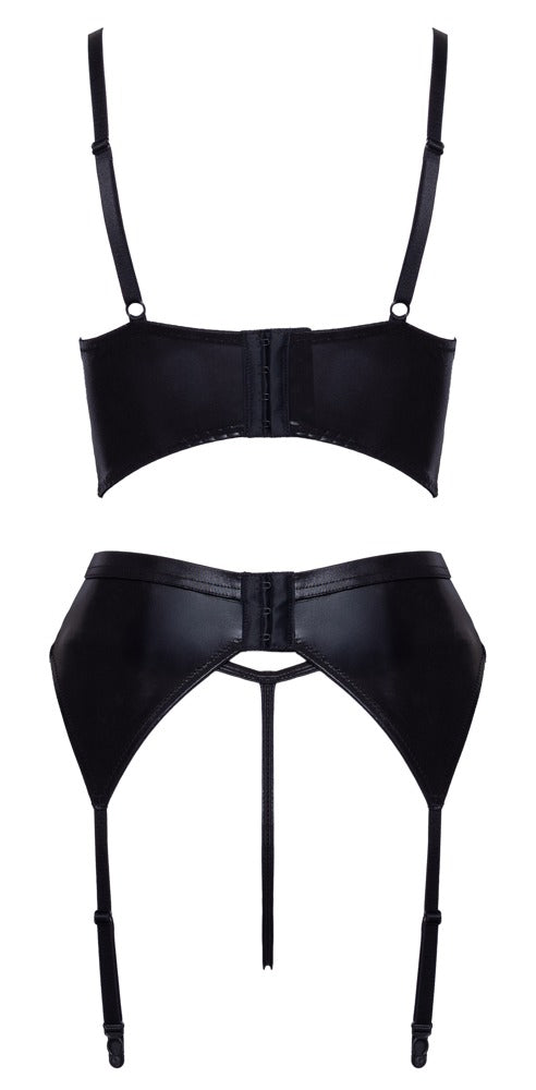 Cottelli LINGERIE 3-delt Wetlook Strapsæt med Open Cup BH &amp; Crotchless String