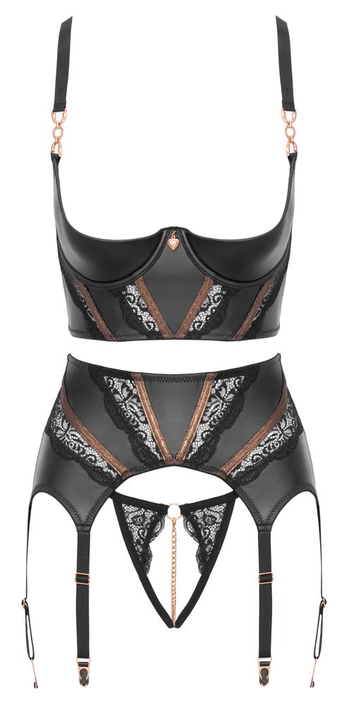 Abierta Fina 3-delt Sort Strapsæt med Shelf Bra &amp; Crotchless String