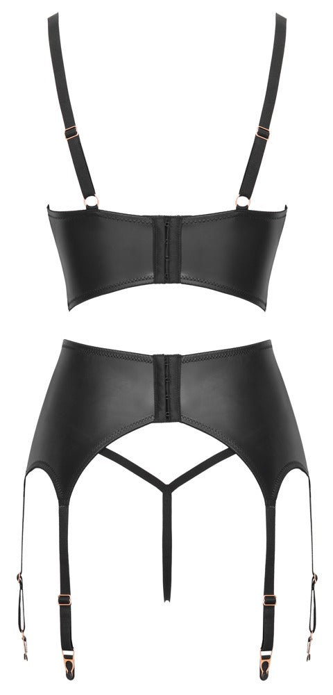 Abierta Fina 3-delt Sort Strapsæt med Shelf Bra &amp; Crotchless String