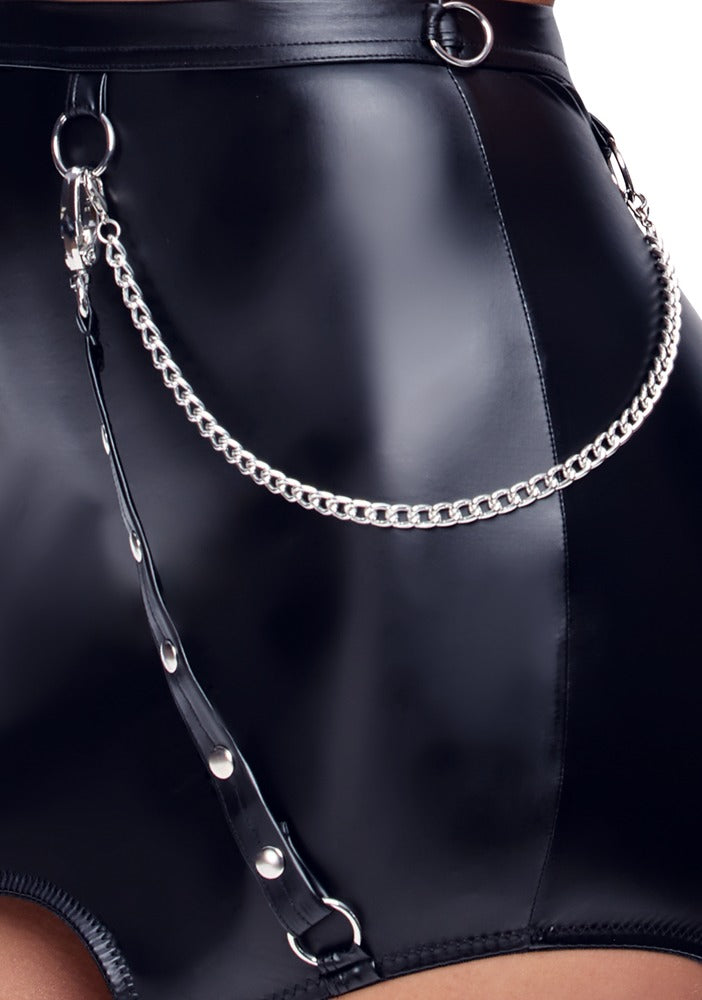 Cottelli BONDAGE rem-BH og strømpeholder-miniskørt med håndmanchetter