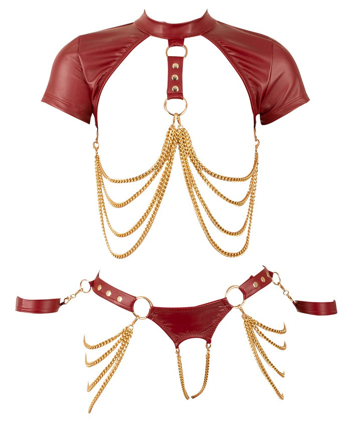 Cottelli BONDAGE open-cup sæt med kæder, ouvert string og soft cuffs