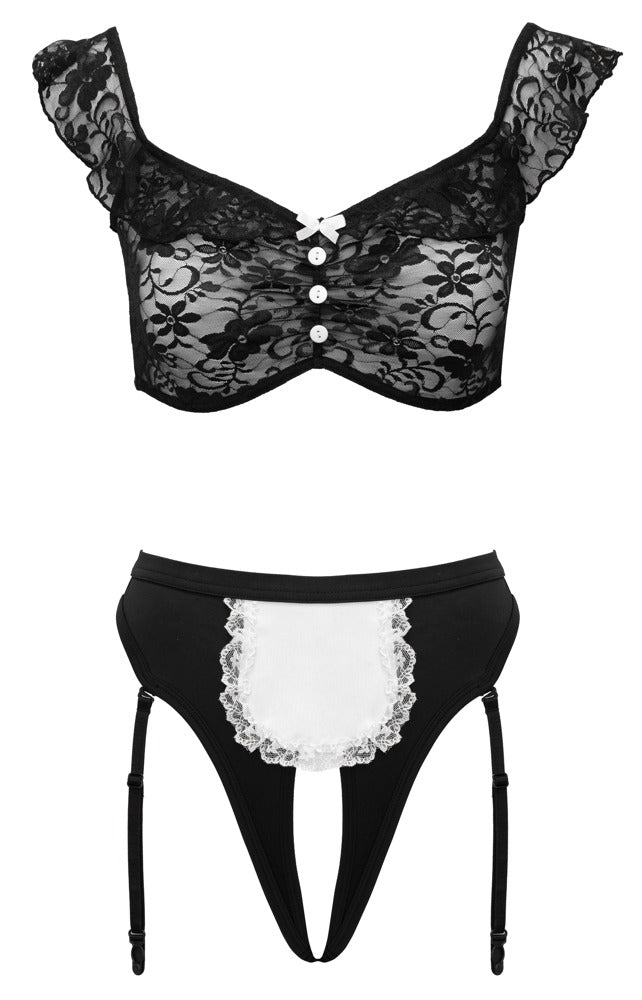 Cottelli COSTUMES Maid 2-delt Sæt med Blondetop &amp; Crotchless Strapsstring