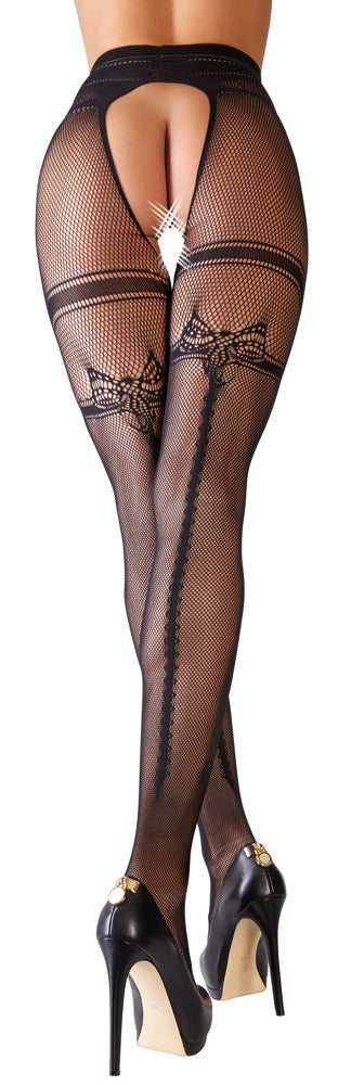 Cottelli – Crotchless Fishnet Tights med Integreret Hofteholder & Bagsøm