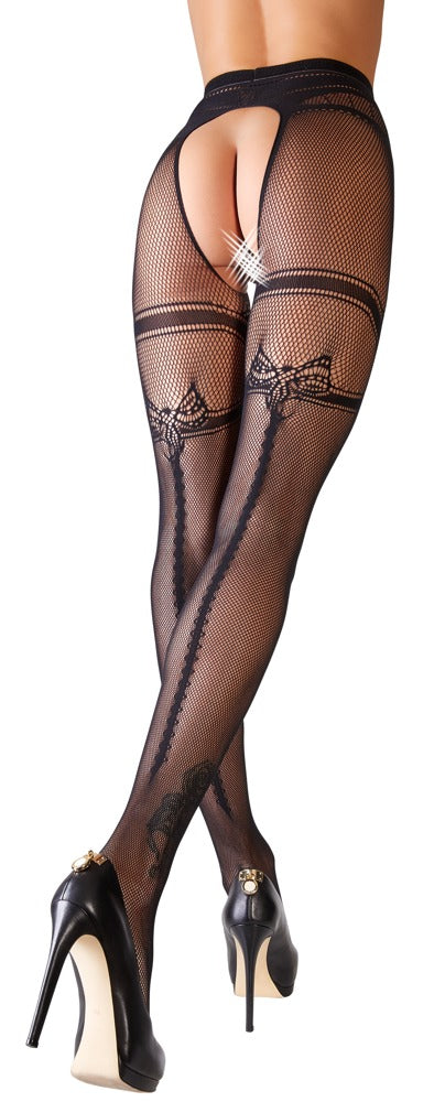Cottelli – Crotchless Fishnet Tights med Integreret Hofteholder & Bagsøm