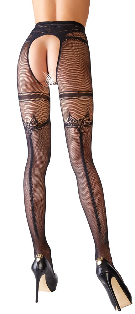 Cottelli – Crotchless Fishnet Tights med Integreret Hofteholder & Bagsøm