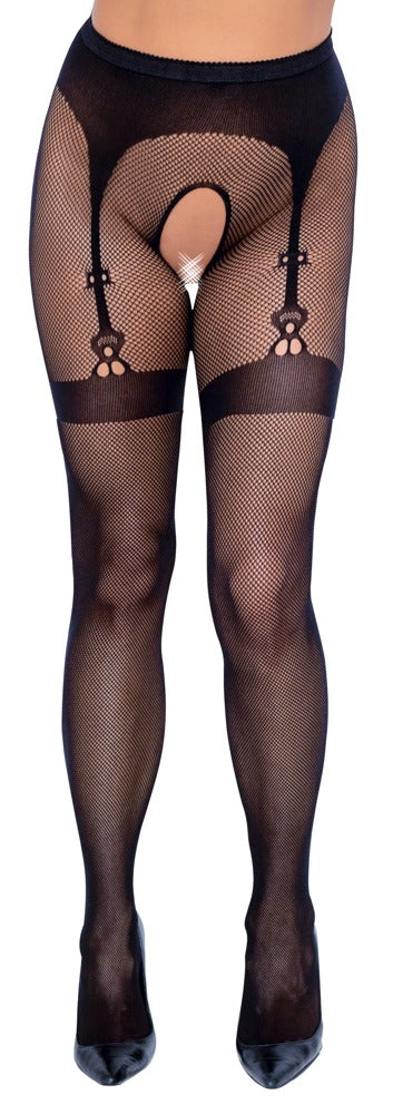 Cottelli Legware – Net Tights med Strømpeholderlook (Crotchless)
