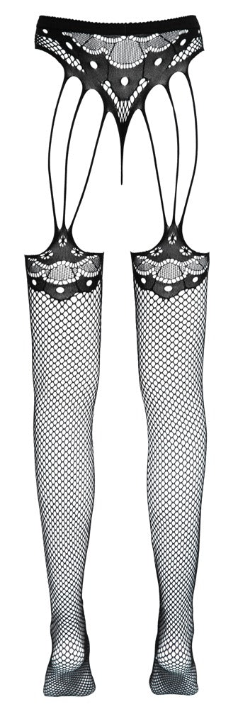 Crotchless String med Påsyede Netstrømper