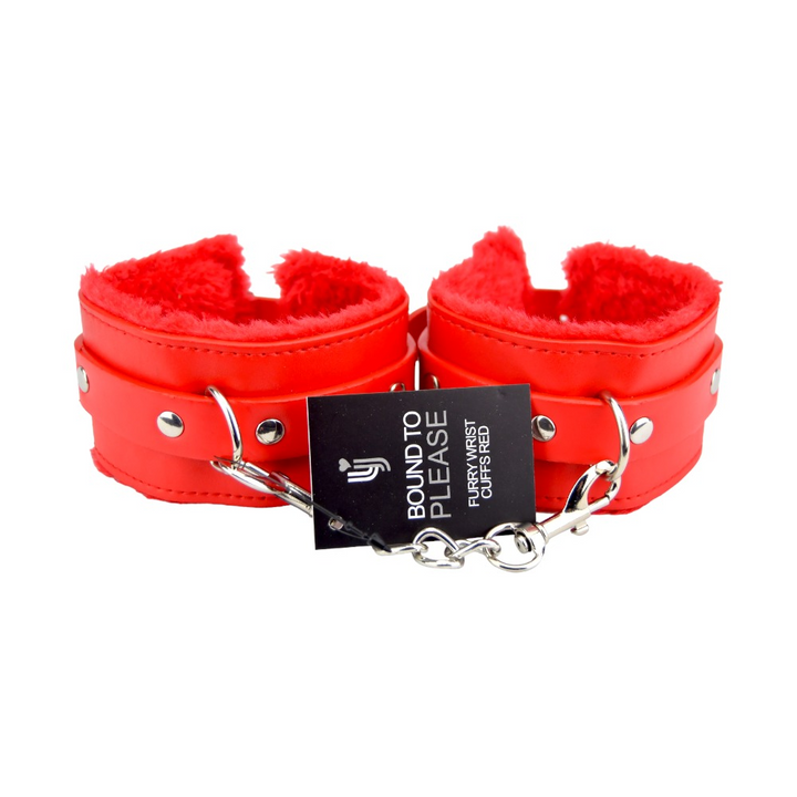 Erotiske bondage cuffs i rød PU med metalkæde